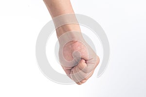 Press the hand in front of white background