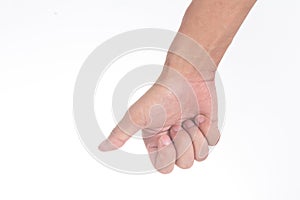 Press the hand in front of white background