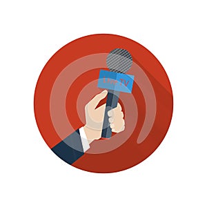 Press illustration. Microphone in a hand on a red