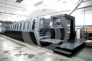 Press printing - Offset machine. Printing technique where the inked image is transferred from a plate to a rubber blanket, then to