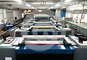 Press printing - Offset machine. Printing technique where the inked image is transferred from a plate to a rubber blanket, then to