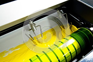 Press printing - Offset machine. Printing technique where the inked image is transferred from a plate to a rubber blanket, then to