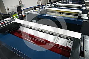 Press printing - Offset machine. Printing technique where the inked image is transferred from a plate to a rubber blanket, then to photo