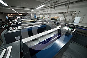 Press printing - Offset machine. Printing technique where the inked image is transferred from a plate to a rubber blanket, then to