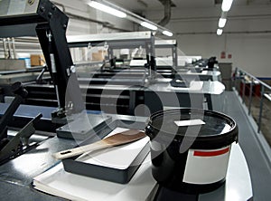 Press printing - Offset machine. Printing technique where the inked image is transferred from a plate to a rubber blanket, then to