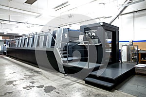 Press printing - Offset machine. Printing technique where the inked image is transferred from a plate to a rubber blanket, then to photo
