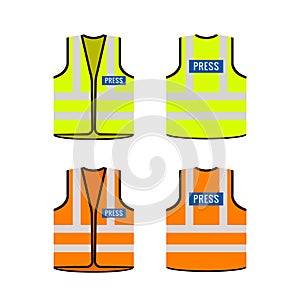 Press yellow media jacket vest vector journalist mockup reflector uniform illustration template press sign.