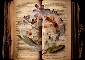 pressed dry flowers in a book. dried herbarium.