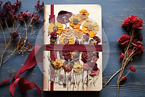 pressed flowers in a handmade notebook or journal