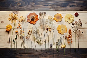 pressed flowers on a wooden table