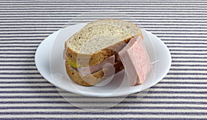 Pressed pork canned meat sandwich on wheat bread.