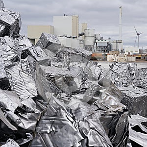 Pressed scrap metal at a scrap yard in the port of Magdeburg in Germany