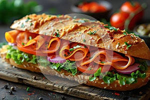 Pressed and toasted double panini with ham and cheese served on sandwich paper on a wooden table