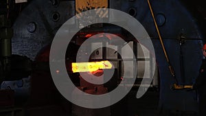 Pressing machine, smart machines, computer technology. Press operation, sparks, heat treatment.. Blacksmith factory