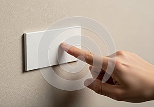 Is pressing a white rectangular light switch mounted on a beige