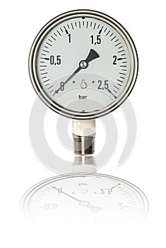 Pressure gauge in BAR unit,bourdon tube type isolate on white with clipping path