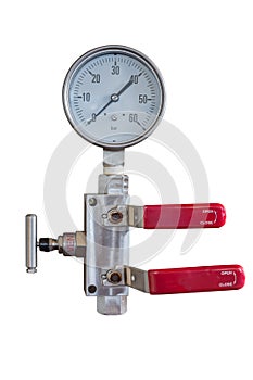 Pressure gauge and fitting with double block and bleed valve manifold isolate on whit with clipping path photo