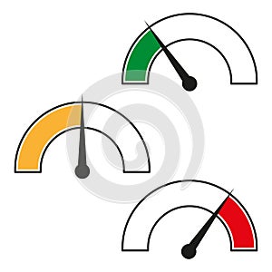 Pressure gauge, level concepts. Colored speedometers with arrows. Vector illustration. EPS 10.