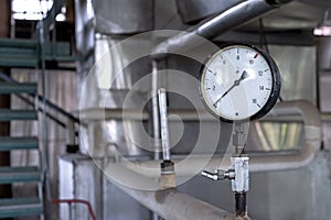 Pressure gauge or manometer in the gas supply system of a gas boiler house. Gas boiler equipment