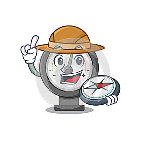 Pressure gauge mascot design style of explorer using a compass during the journey