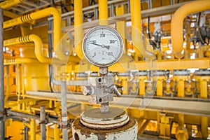 Pressure gauge with pipe line and process flow line.