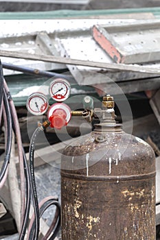 Pressure gauges on oxygen tank with valve of welding equipment acetylene gas cylinder for steel Industrial and metal working