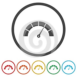 Pressure meter, manometer, barometer icon. Set icons in color circle buttons
