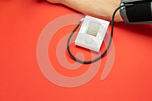 Pressure meter. Patient test hypertension from medical sphygmomanometer. Health monitor for check doctor blood pressure isolated