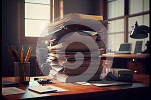 Pressure of paperwork. Giant stack of paper documents