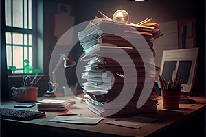 Pressure of paperwork. Giant stack of paper documents.