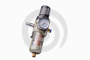 Pressure reducer and Warning label on white background .
