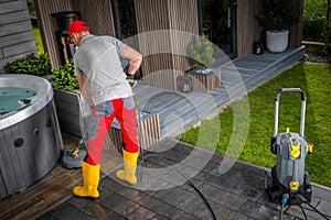 Pressure Washing Concrete Bricks Patio Using Washer Surface Attachment