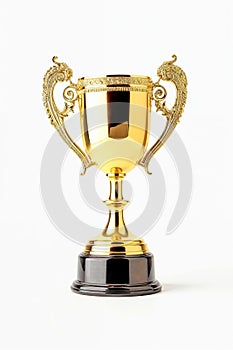 Prestigious blank Gold trophy isolated on white background with a black round base.