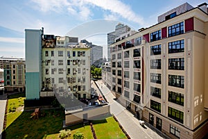 Prestigious residential area with houses in the center of Moscow on a clear summer day