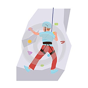 Preteen boy child cartoon character well-equipped climbing wall at indoor mountaineering gym