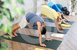 Preteen boy practicing downward facing dog pose of yoga in fitness room