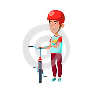 preteen boy with protection helmet riding velo in forest cartoon vector photo