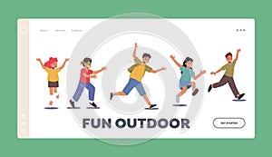 Preteen Boys and Girls Outdoor Fun on Playground Landing Page Template. Happy Children Playing Hide and Seek, Rejoice