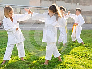 Preteen children practicing in pairs martial arts movements on green sports field