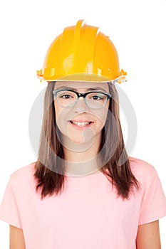 Preteen with construction helmet