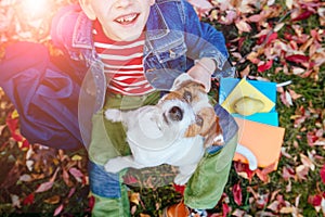 Preteen Cute Boy Sitting on Grass in a Fall Autumn Time Reading His Book, Hugging His Dog Over Climbing Grapes Outdoor. Education
