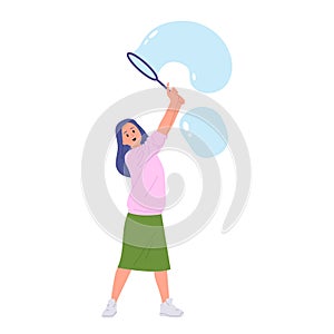 Preteen girl cartoon character playing soap liquid bubbles parting at foam show isolated on white