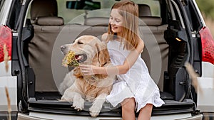 Preteen girl with golden retriever dog in car trunk