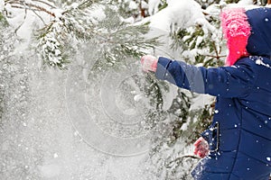 Preteen girl in pink warm hood shakes the snow from a branch outside on nature winter snowy forest background. Avalanche
