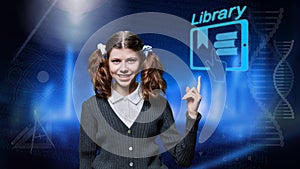 Preteen student girl looking at camera pointing with hand at online library