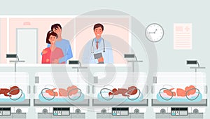 Preterm baby incubators, neonatologist and happy parents standing in hospital ward photo