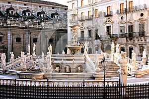 Pretoria square, baroque fountain statues. Palermo