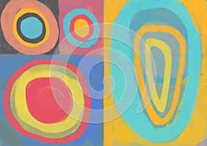 Pretty abstract art with round shapes and square and primary color inspired by Kandinsky and Malevich art, illustration, realism photo