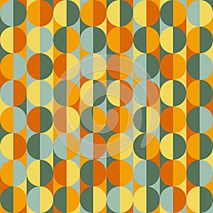 Pretty abstract seamless retro geometrical pattern with half circles. color palette blue orange, red, yellow, green. Half circles