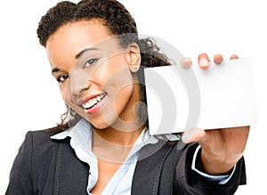 Pretty African American Businesswoman holding placard isolated